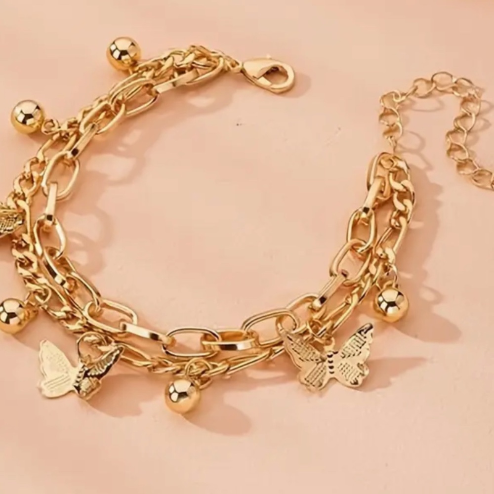 Charm Bracelet- Double Chain Butterfly Vintage Style - Adjustable Size - NWT